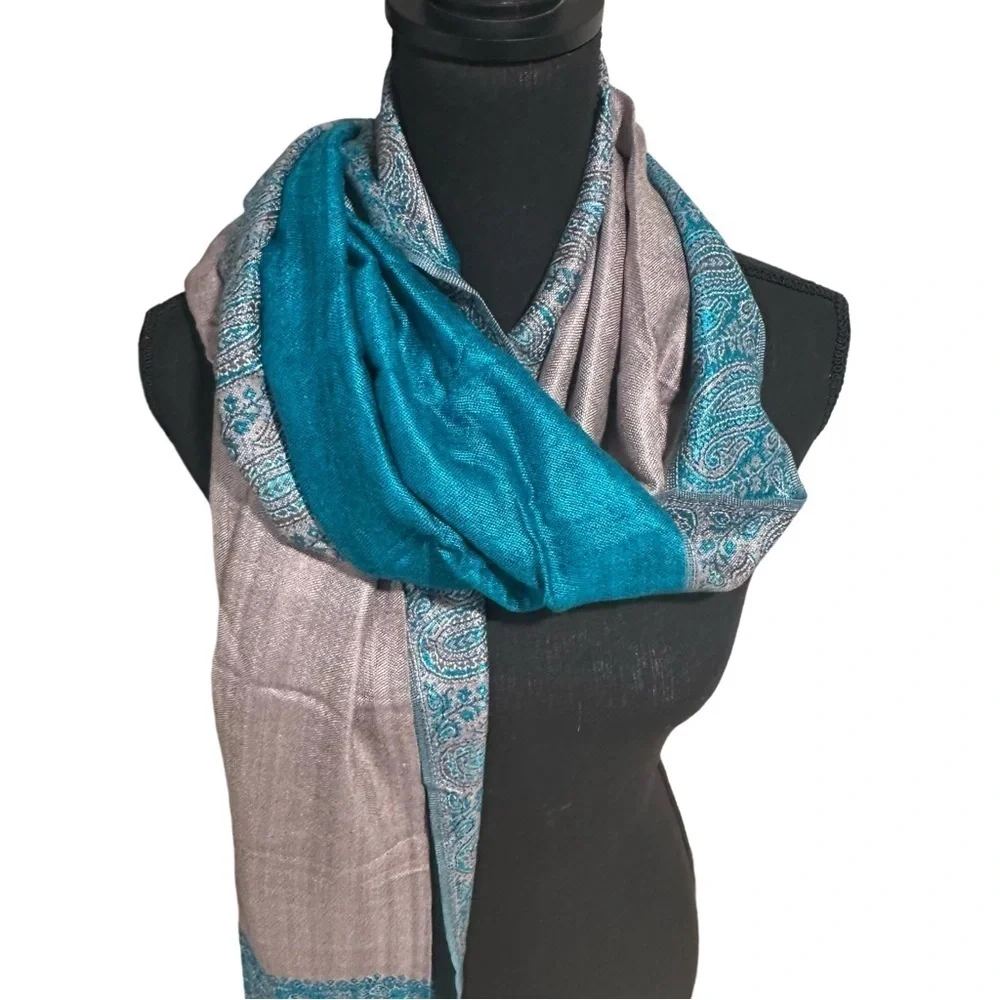 Elegant Large Shawl Wrap Double-sided Super Soft Quality Rayon Silver Aquamarine